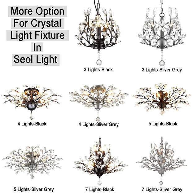 -Light Vintage Crystal Branch Close to Ceiling Light Fixture Black Chandelier Flush Mount with 4 Light 160W 24.5" Dia;