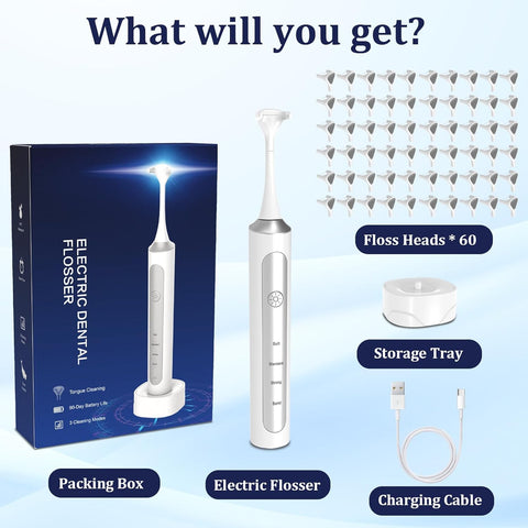 Reusable Electric Flosser for Adults & Kids with 4 Speeds, Rechargeable Vibration Flosser/Tongue Scraper/Cleaner, Electric Dental Floss with 4 Speeds + 60 Replacement Heads, Wireless Charging Base