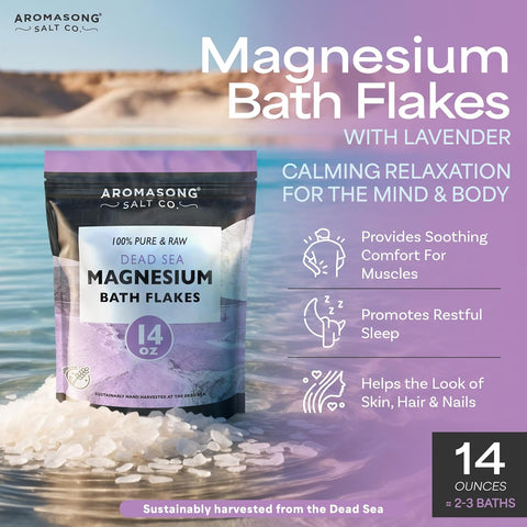 RAW Magnesium Bath Flakes with 100% Natural Lavender, 14 Oz. Muscle Relaxing Organic Salts Mg Chloride, Mineral Soak Salt.