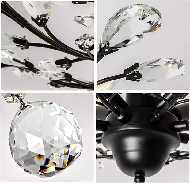 -Light Vintage Crystal Branch Close to Ceiling Light Fixture Black Chandelier Flush Mount with 4 Light 160W 24.5" Dia;