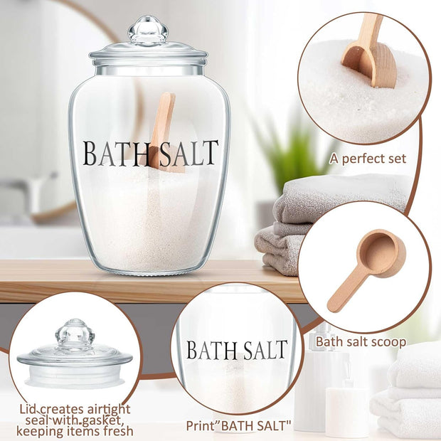 2 Sets 74 Oz Bath Salt Container with Airtight Lid and Scoop Big Glass Bath Salt Jar with Wooden Scoop for Bath Salt Flour Salt Candy Tea (Printed)