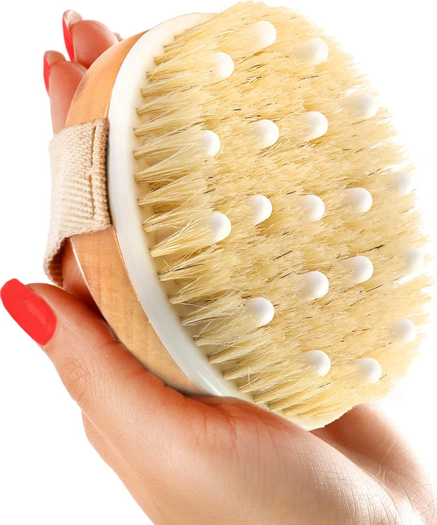 Dry Brushing Body Brush (Reduce Cellulite) Dry Brush for Cellulite and Lymphatic Drainage, Exfoliating Brush with Soft Massage Nodules, Shower Brush Body Scrubber 100% Natural Bristle Brush