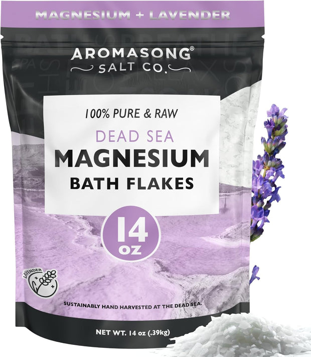 RAW Magnesium Bath Flakes with 100% Natural Lavender, 14 Oz. Muscle Relaxing Organic Salts Mg Chloride, Mineral Soak Salt.