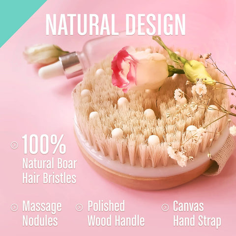 Dry Brushing Body Brush (Reduce Cellulite) Dry Brush for Cellulite and Lymphatic Drainage, Exfoliating Brush with Soft Massage Nodules, Shower Brush Body Scrubber 100% Natural Bristle Brush