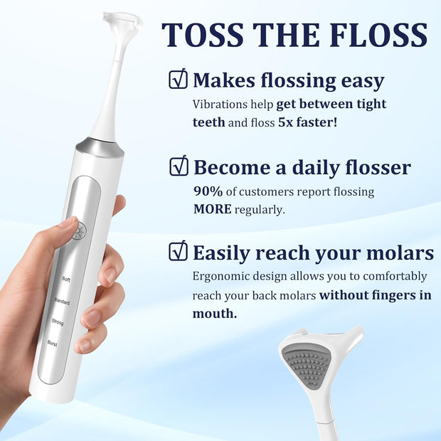 Reusable Electric Flosser for Adults & Kids with 4 Speeds, Rechargeable Vibration Flosser/Tongue Scraper/Cleaner, Electric Dental Floss with 4 Speeds + 60 Replacement Heads, Wireless Charging Base