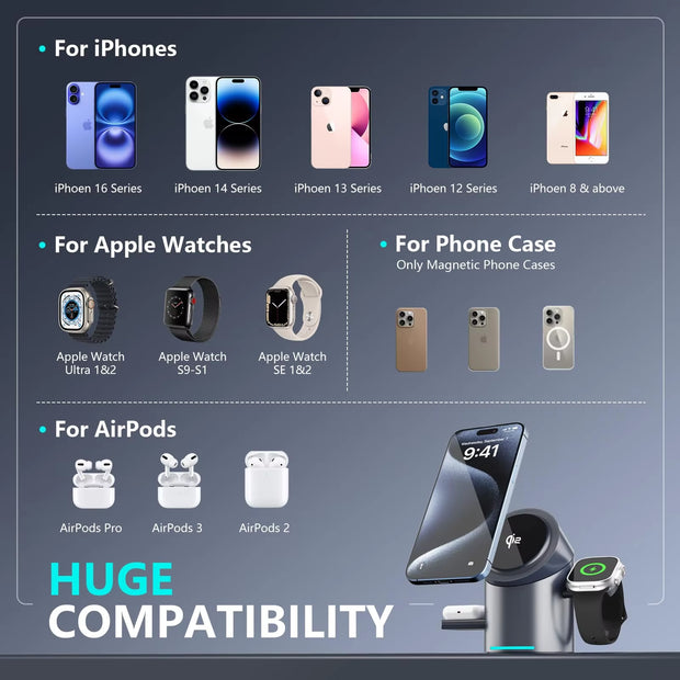 Qi2 3 in 1 Magnetic Wireless Charging Stand with Auto Rotation, Aluminum Body for Iphone 16 15 14 13 12 & Apple Watch&Airpods