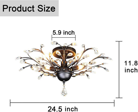 -Light Vintage Crystal Branch Close to Ceiling Light Fixture Black Chandelier Flush Mount with 4 Light 160W 24.5" Dia;