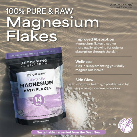 RAW Magnesium Bath Flakes with 100% Natural Lavender, 14 Oz. Muscle Relaxing Organic Salts Mg Chloride, Mineral Soak Salt.