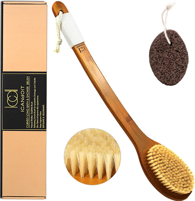 Icandoit-17.71Inch Natural Boar Bristles Anti-Slip Long Handle Bath Brush,Bent Handle Shower Scrubber for Exfoliating,Shower Back Brush,Exfoliation Set with Pumice Stone (1 Pack)