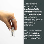 Pure Silk Dental Floss for Sensitive Gums & Wider Gaps: Made with Silk and Candelilla Wax, Natural Floss in a Reusable Glass Container (Glass Dispenser + 1 X 30M Silk Floss)