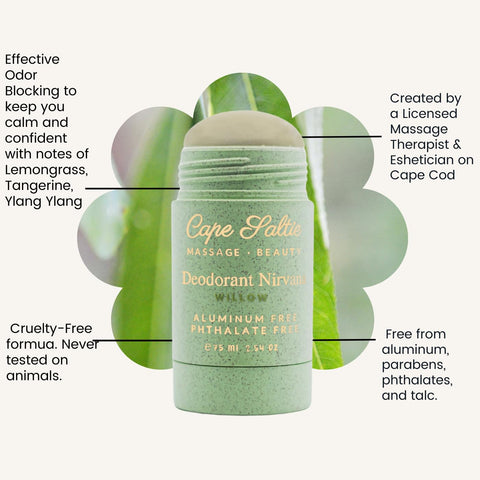 Cape Saltie · Massage Beauty Aluminum-Free, Vegan Deodorant Nirvana in "Willow" — Lemongrass, Lavender, Tangerine, Ylang Ylang (2.54 Oz) | Natural Deodorant for Women | Baking Soda Free