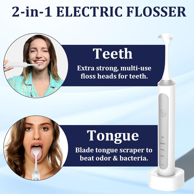 Reusable Electric Flosser for Adults & Kids with 4 Speeds, Rechargeable Vibration Flosser/Tongue Scraper/Cleaner, Electric Dental Floss with 4 Speeds + 60 Replacement Heads, Wireless Charging Base