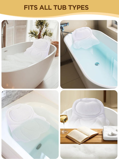 Bath Pillow Luxury Bathtub Pillow, Bath Pillows for Tub Neck and Back Support, Bath Tub Pillow Headrest with Soft 4D Air Mesh Fabric & Non-Slip Suction Cups, Fits All Bathtub Relaxing Bath Accessories