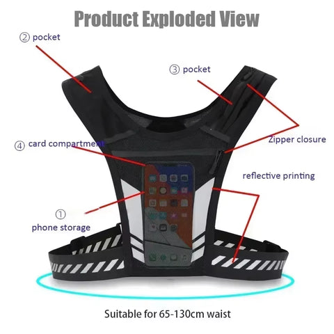 Reflective Running Backpack Universal Lightweight Sports Running Vest Mobile Phone Cards Bag for Jogging Fitness Men and Women