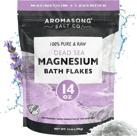 RAW Magnesium Bath Flakes with 100% Natural Lavender, 14 Oz. Muscle Relaxing Organic Salts Mg Chloride, Mineral Soak Salt.