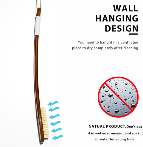 Icandoit-17.71Inch Natural Boar Bristles Anti-Slip Long Handle Bath Brush,Bent Handle Shower Scrubber for Exfoliating,Shower Back Brush,Exfoliation Set with Pumice Stone (1 Pack)