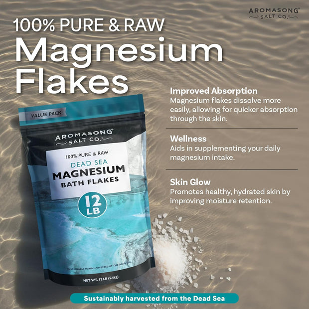 Magnesium Flakes from the Dead Sea, 12 LB Resealable Pack - Muscle Relaxing Magnesium Chloride Bath Salts Soak for Headaches, Stress & Leg Discomfort. (Packaging May Vary)