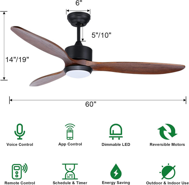 60 Inch Indoor Outdoor Ceiling Fans with Lights Remote Control, Quiet DC Motor High CFM Large Walnut Wood Ceiling Fan, 3 Blade Smart Ceiling Fan for Living Room & outside Patio