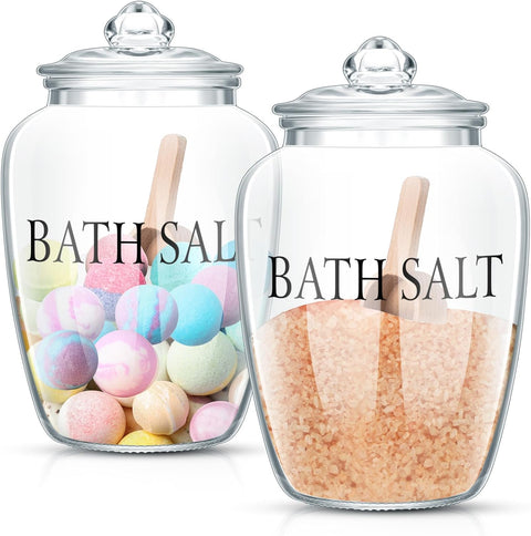 2 Sets 74 Oz Bath Salt Container with Airtight Lid and Scoop Big Glass Bath Salt Jar with Wooden Scoop for Bath Salt Flour Salt Candy Tea (Printed)